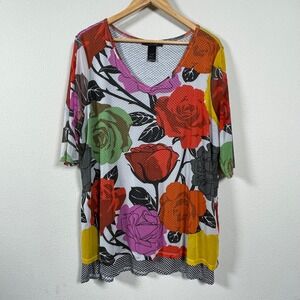 Ali Miles Floral Mesh Tunic Women 1X Multicolor V-Neck 3/4 Sleeve Rose Print Top